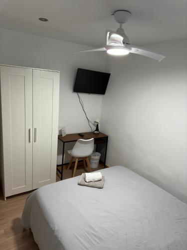a bedroom with a bed with a ceiling fan and a desk at Manrique Rooms in Málaga
