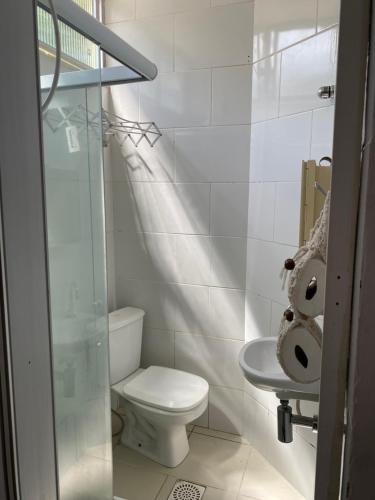 a small bathroom with a toilet and a sink at Conjugado Próximo aos Arcos da Lapa e Praia do aterro do Flamengo in Rio de Janeiro