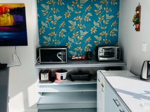 a kitchen with blue and yellow wallpaper and shelves at Wrights by the Sea Motel in Paraparaumu Beach