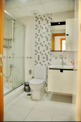 a bathroom with a toilet and a shower and a sink at ISTANBUL APARTMENT Stylish&Lively in Istanbul