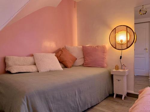 1 dormitorio con 1 cama grande y paredes de color rosa en Au cœur du centre historique !, en Beauvais