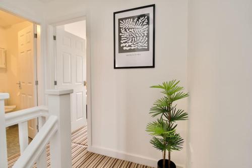 a white hallway with a plant and a picture on the wall at 2Bed Haven - Coventry's Hidden Gem With Free Parking, Sky TV & Netflix in Coventry