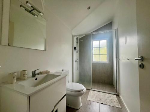 a bathroom with a sink and a toilet and a shower at Casa Caloura Seaside Deluxe Accommodation & Spa in Lagoa