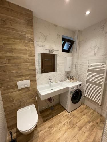 a bathroom with a sink and a washing machine at Cozy Skopje House in Skopje