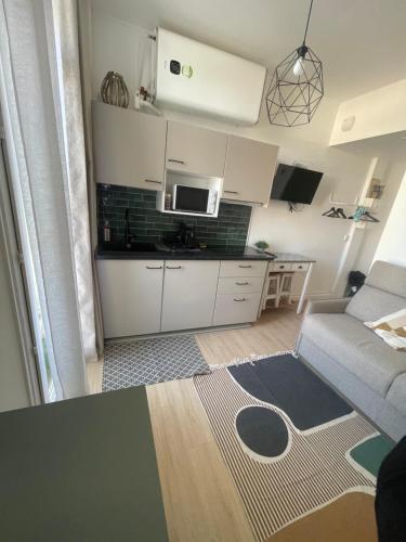 un petit salon avec un canapé et une cuisine dans l'établissement Cosy studio en face de la gare, à Nice