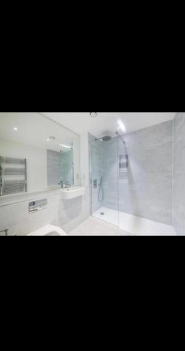 a white bathroom with a shower and a sink at Amazing Apartment in Harlow