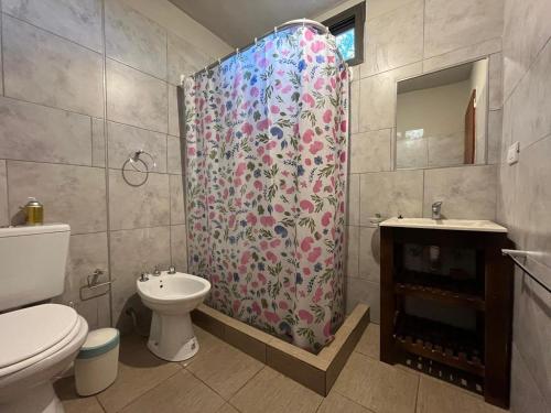 a bathroom with a shower curtain and a toilet at Cabaña La Huerta "Traslasierra" in Villa Dolores