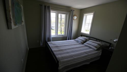 a bedroom with a bed and two windows at Pelican guest house. Village style living. Spend vacation time in Eco place! in Fort Erie