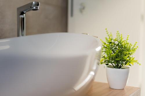 a bathroom with a toilet and a potted plant at Holiday House Maze with jacuzzi in Novalja