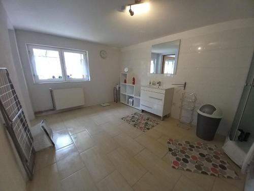 ein leeres Zimmer mit einem Waschbecken, einem Schreibtisch und einem Fenster in der Unterkunft Holiday home in Saint Quirin with garden in Saint-Quirin