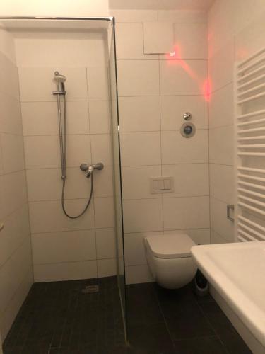 ein Bad mit einer Dusche, einem WC und einem Waschbecken in der Unterkunft Dream cuddle Nest in Berlin