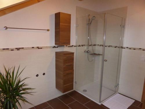 a bathroom with a shower with a glass shower stall at Holiday apartment Burkart in Großweil