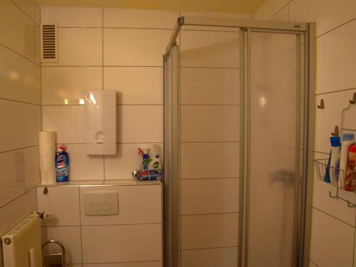 y baño con ducha y puerta de cristal. en Apartment in Oberhausen near centre, en Oberhausen