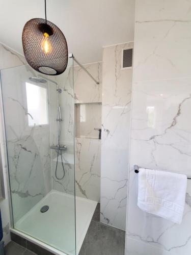 La salle de bains est pourvue d'une douche et d'une cabine de douche en verre. dans l'établissement Le Loft de L’Écluse / F2 cosy au bord de l'eau, à Pontoise