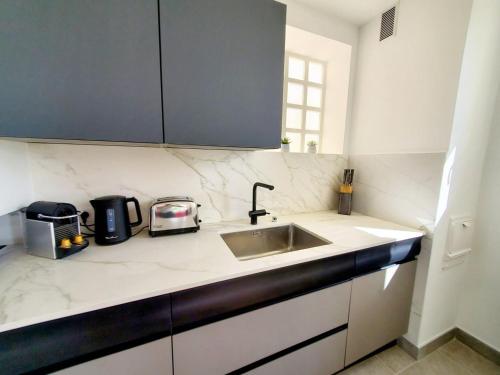 a kitchen with a sink and a counter top at Le Loft de L’Écluse / F2 cosy au bord de l'eau in Pontoise