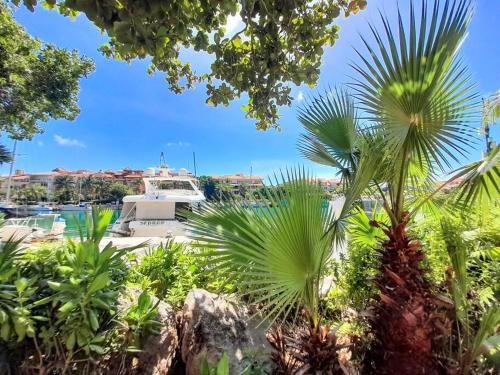 a boat docked at a marina with palm trees at Penthouse, Ocean & Marina vws, Great 4 Remote Work in Puerto Aventuras