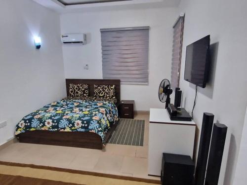 阿布賈的住宿－Stylish & Comfy 1 Bedroom Apt，一间卧室配有一张床和一台平面电视