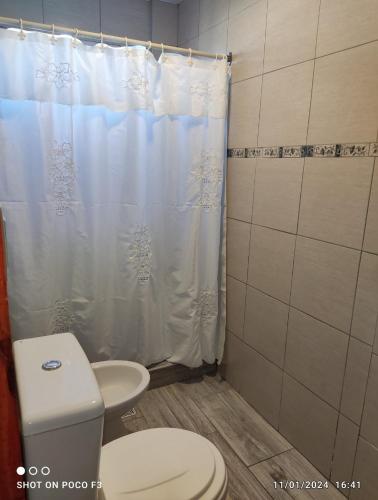 a bathroom with a toilet and a white shower curtain at Alquimia Qi del Mar in Mar de Cobo