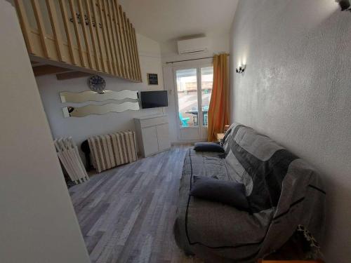 un salon avec un canapé et une télévision dans l'établissement Appartement Climatisé 4 Pers avec Terrasse et Parking à Marseillan - FR-1-326-808, à Marseillan