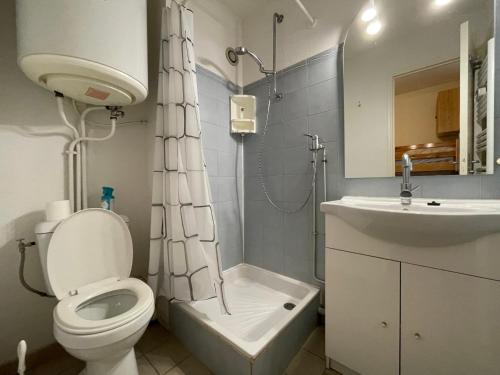 une salle de bain avec toilettes, douche et lavabo dans l'établissement Studio cabine cosy, proche plage, parking privé, animaux admis - FR-1-338-559, à Sète