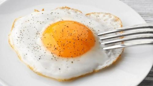 an egg on a white plate with a fork at Lotus Furnished Hotel Apartments LLC. Ajman in Ajman 