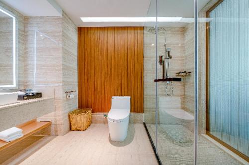 La salle de bains est pourvue de toilettes et d'une douche en verre. dans l'établissement Echarm Plus Hotel Nanning Convention and Exhibition Center Medical University, à Nanning