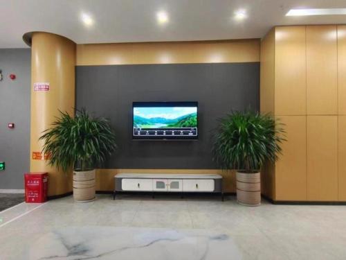 にあるShell Hotel Xuzhou Guanyin Airportの鉢植えの植物が2本あり、壁にテレビが備わるロビー