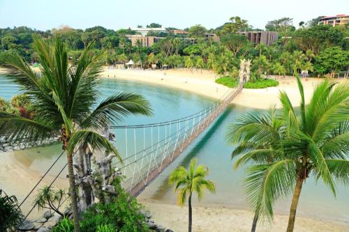 a suspension bridge over a beach with palm trees at Coliwoo Keppel Serviced Apartments in Singapore