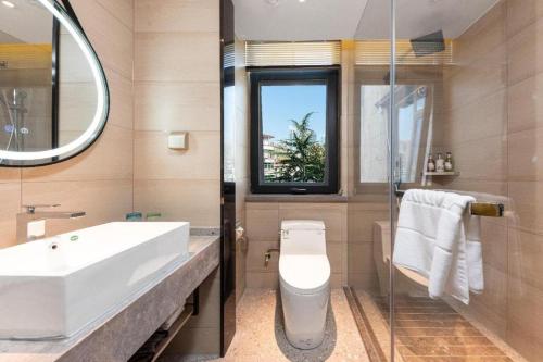 a bathroom with a sink and a toilet and a mirror at Borrman Hotel Wuhan First Hospital Hanzheng Street Metro Station in Wuhan