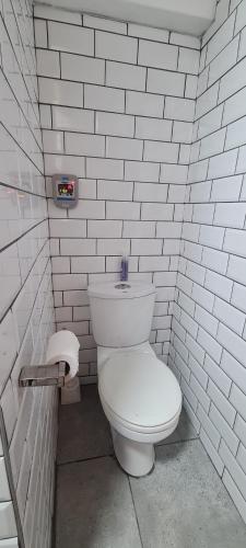 a bathroom with a white toilet in a brick wall at Serenity Jacobsbay in Jacobs Bay
