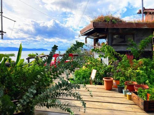 a garden with plants on a wooden deck at Lemon tree hotel in Higashiura
