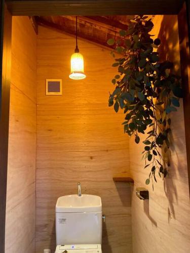 a bathroom with a toilet and a potted plant at Lemon tree hotel in Higashiura