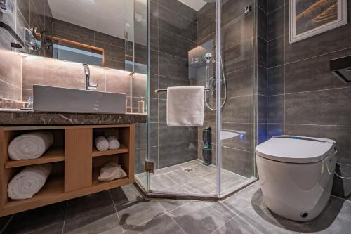 La salle de bains est pourvue de toilettes et d'une douche en verre. dans l'établissement True Go Hotel - Beijing Asian Games Village National Convention Center, à Pékin