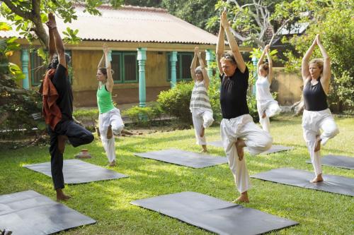 a group of people doing yoga in the yard at Jetwing Ayurveda Pavilions in Negombo
