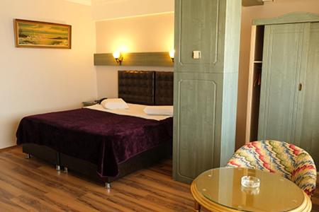 1 dormitorio con 1 cama, 1 mesa y 1 silla en Karamürsel Mohti Otel Fitness Organizasyon en Karamürsel