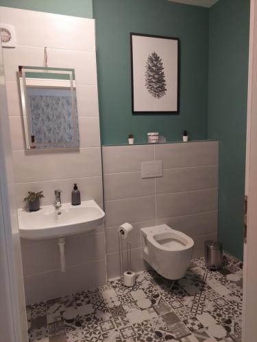 a bathroom with a sink and a toilet at GlamyApart in Timişoara