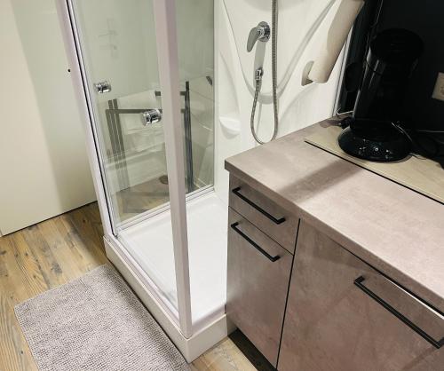 a shower with a glass door in a bathroom at Das Ladenlokal - Gemütlichkeit einkaufen in Arnstadt