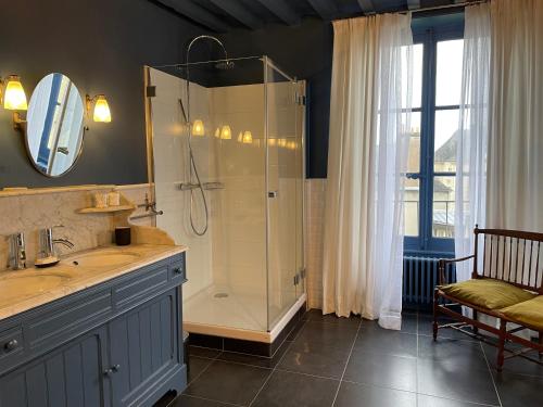 uma casa de banho com um chuveiro, um lavatório e um espelho. em Le Mûrier de Bayeux em Bayeux