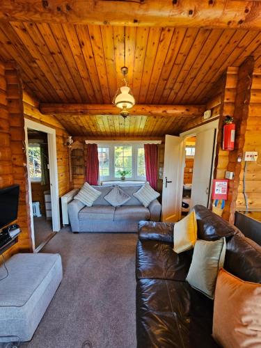 ein Wohnzimmer mit einem Sofa und einem TV in der Unterkunft Cosy 2 bedroom Log Cabin in Snowdonia Cabin151 in Trawsfynydd