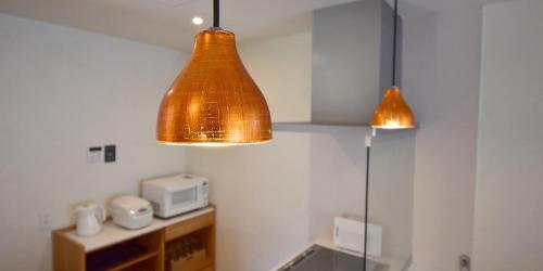 two copper pendant lights hanging in a kitchen at Rakuten STAY HOUSE Kujukuri Ichinomiya in Ichigaya