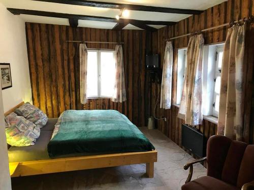 um quarto com uma cama num quarto com paredes de madeira em Ferienwohnung Gottsbüren em Trendelburg