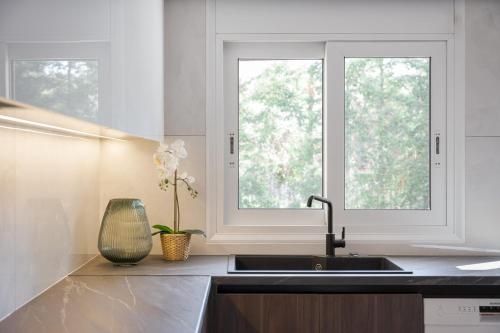 a kitchen with a sink and two windows at Athenian Grand Riviera Villa in Athens