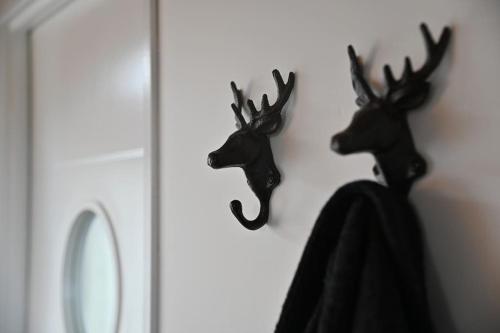 a pair of deer heads hanging on a wall at Pinéa Lodge - Chalet Authentique en Pin des Landes in Saint-Yaguen