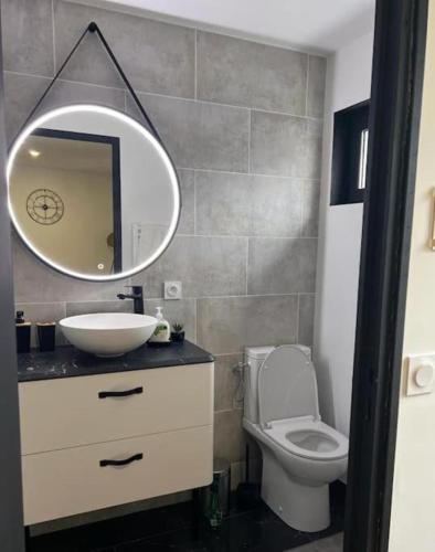 een badkamer met een wastafel, een toilet en een spiegel bij Le Jules Verne in Amiens