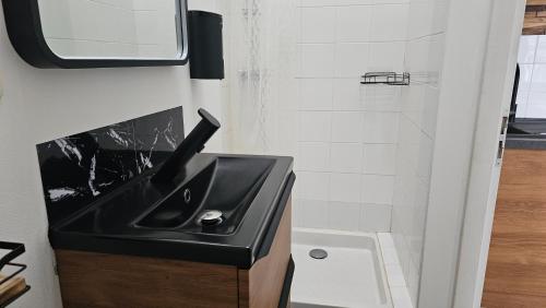 ボルドーにあるBed To Rent - Maison Calme avec Jacuzzi sous Supplémentのバスルーム(黒い洗面台、シャワー付)