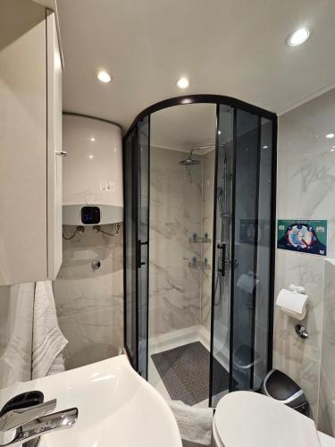a bathroom with a shower and a toilet and a sink at Centar RI-ROOM in Rijeka