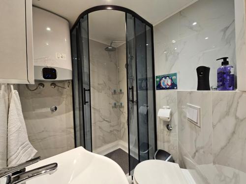 a bathroom with a shower and a sink at Centar RI-ROOM in Rijeka
