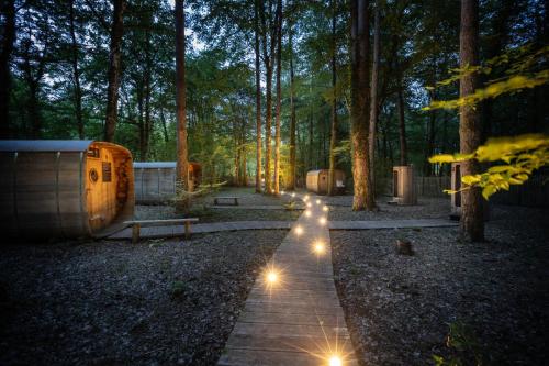 un chemin menant à un camping éclairé dans l'établissement Village Huttopia Lanmary, à Antonne-et-Trigonant