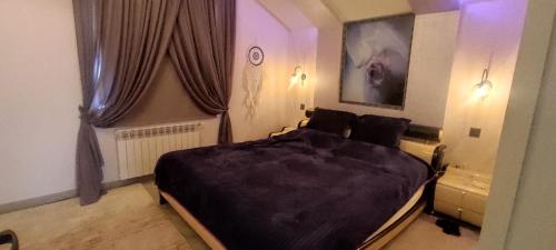a bedroom with a large bed with a black blanket at Villa Vishnyovka in Baku