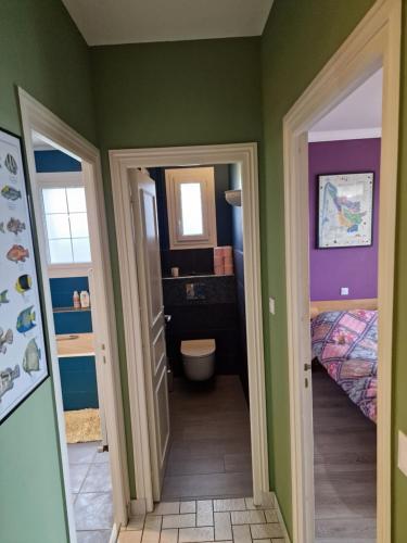 ein Badezimmer mit grünen Wänden, einem Waschbecken und einem WC in der Unterkunft LUCIE LEBRETON in Versainville